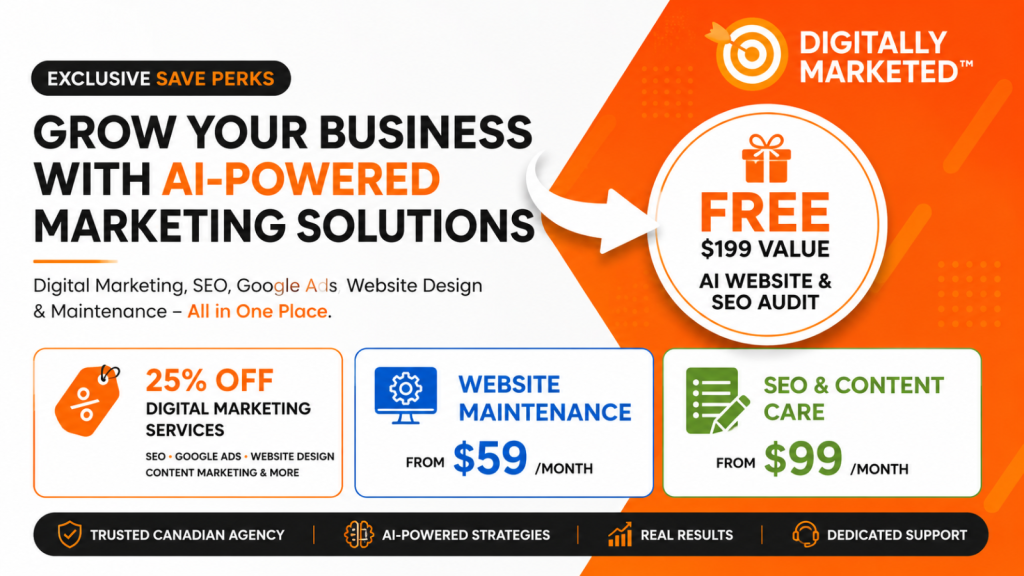 Digitally Marketed exclusive Save Perks offer featuring a free AI Website & SEO Audit, 25% off digital marketing services, website maintenance and SEO content care.