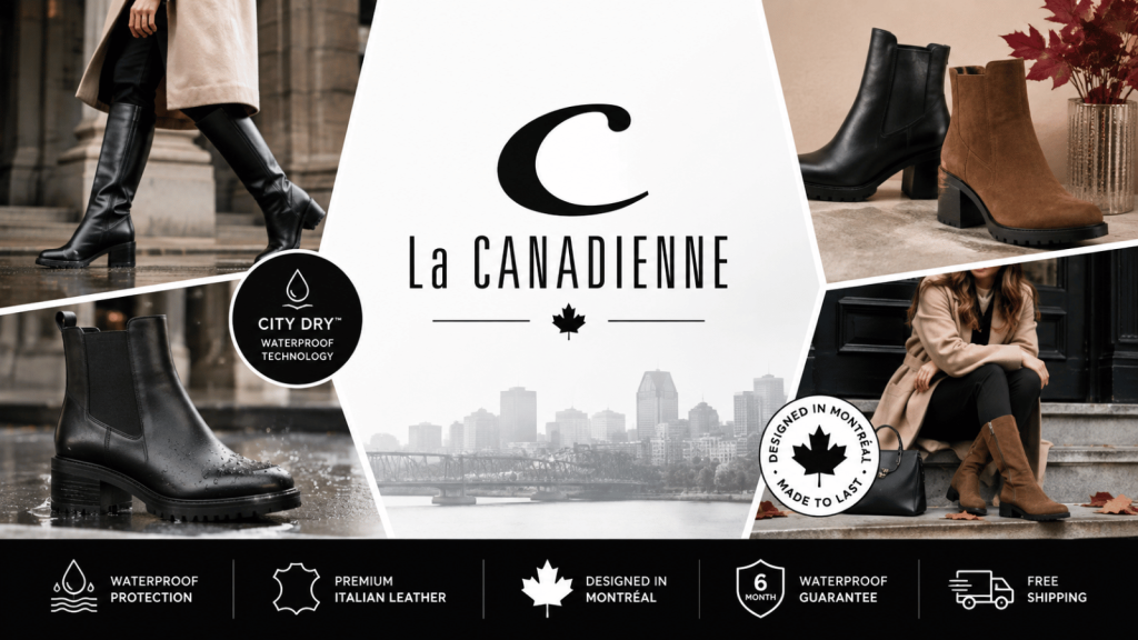 La Canadienne waterproof footwear collage featuring City Dry™ boots, Montréal design, and premium leather.