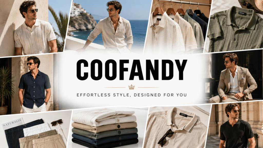 COOFANDY men's fashion banner featuring premium casual shirts, linen clothing, polos, and modern menswear available through Save Perks Canada.
