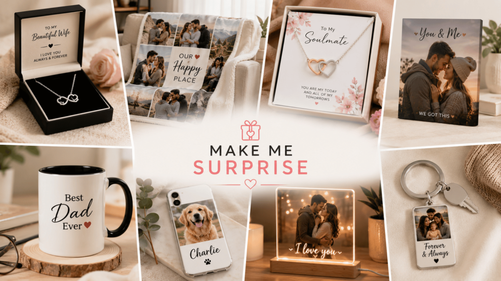 Make Me Surprise personalized gifts banner featuring custom jewelry, photo blankets, engraved keepsakes, personalized mugs, and unique gift ideas available through Save Perks Canada.