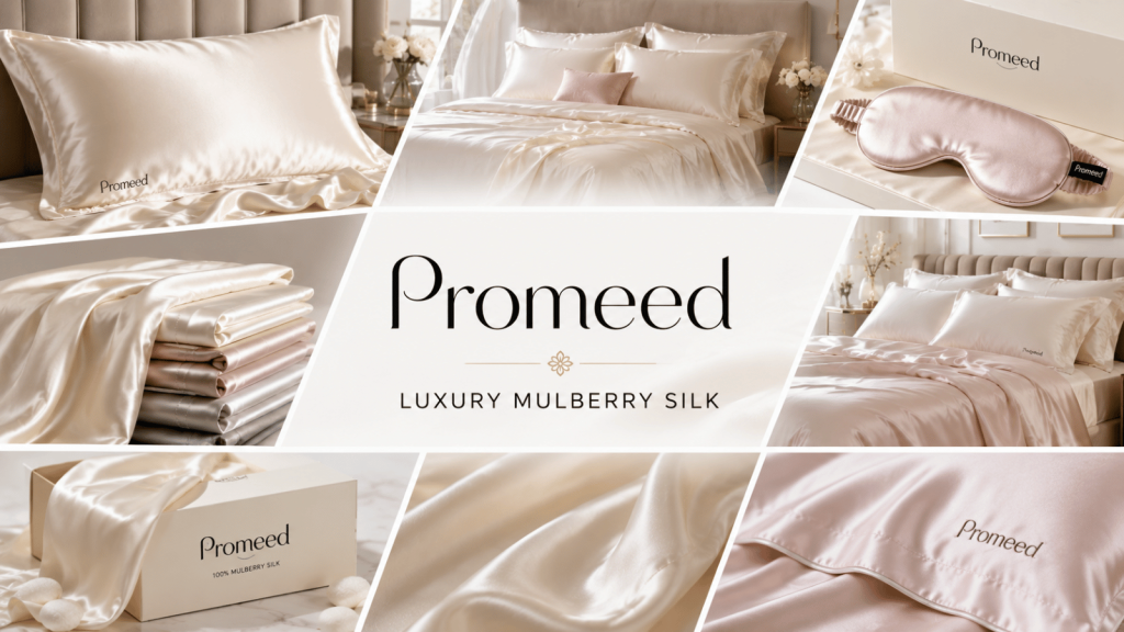 Promeed luxury mulberry silk bedding banner featuring premium silk pillowcases, silk sheets, sleep masks, and elegant bedroom essentials available through Save Perks Canada.