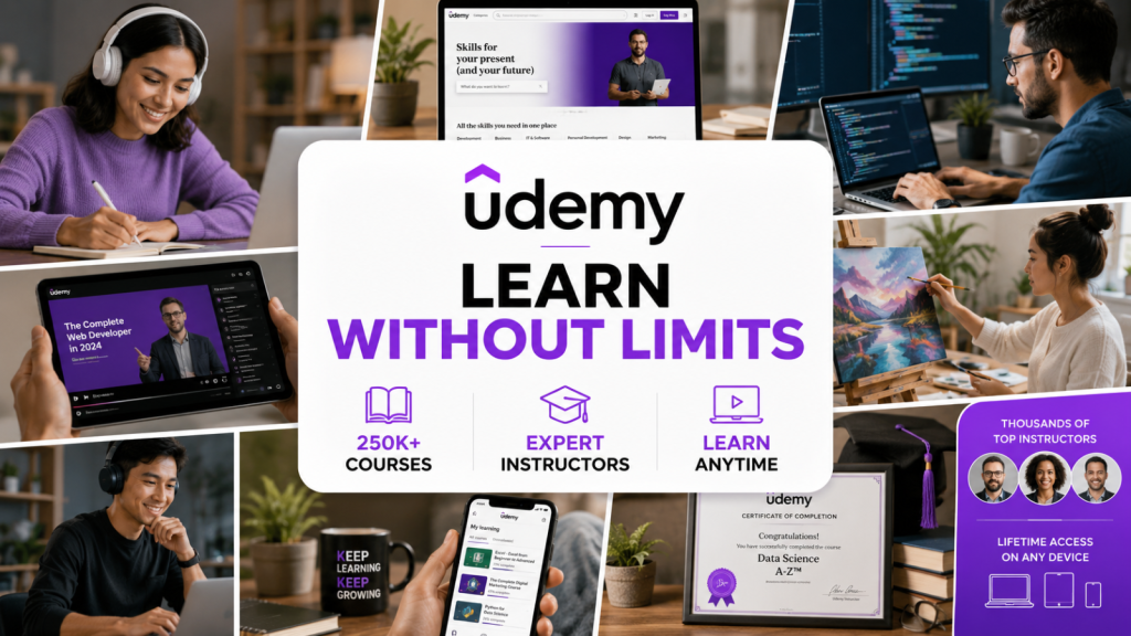 Udemy online learning platform featuring expert-led courses, flexible learning, and exclusive Save Perks member savings.