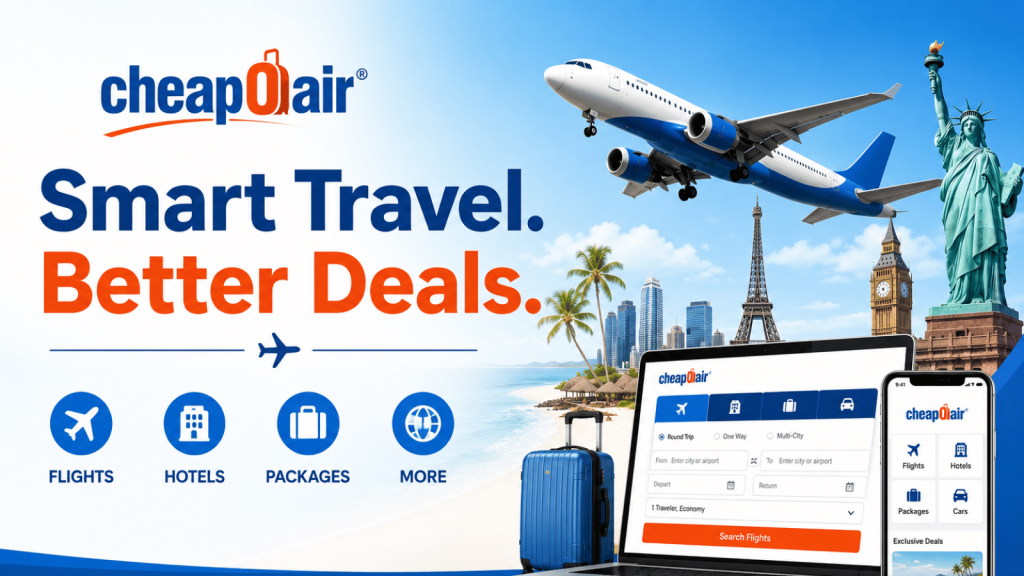 CheapOair Canada travel deals banner featuring flights, hotels, vacation packages, and affordable airfare booking for Canadian travellers.