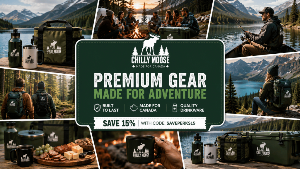 Chilly Moose premium Canadian outdoor gear including coolers, drinkware and camping accessories with an exclusive Save Perks 15% discount for outdoor adventures.