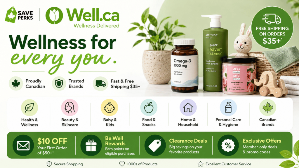 Well.ca wellness banner featuring health, beauty, baby, food, household and personal care products.