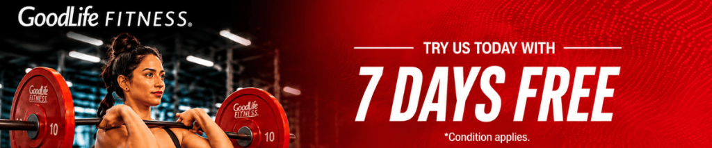 GoodLife Fitness 7 Days Free promotional offer featuring a woman working out in a gym