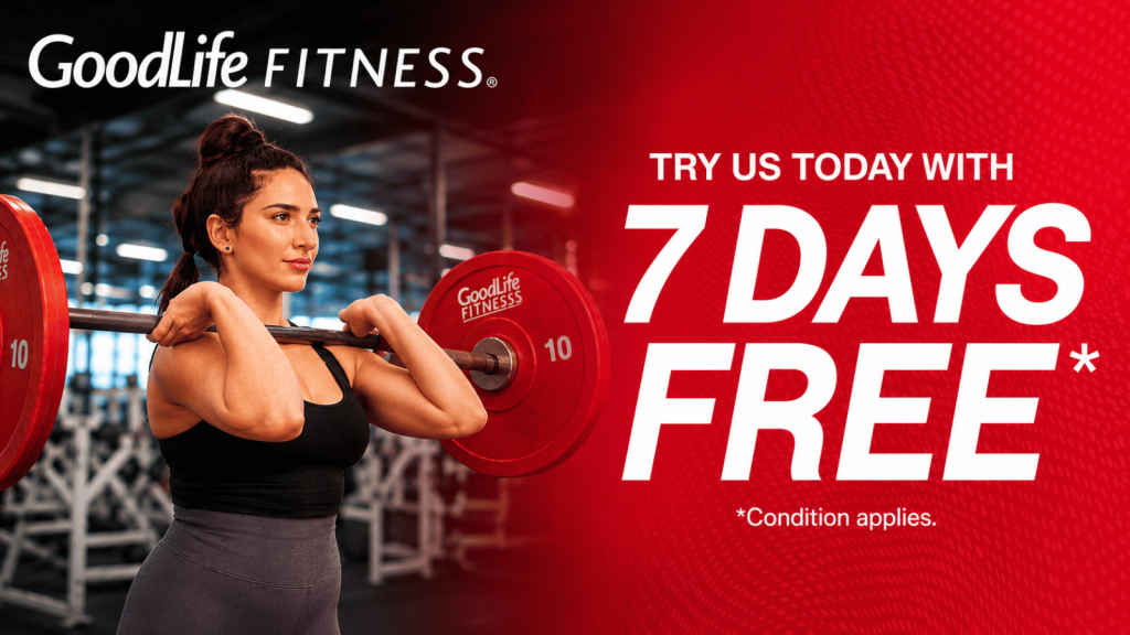 GoodLife Fitness 7 Days Free promotional offer featuring a woman working out in a gym